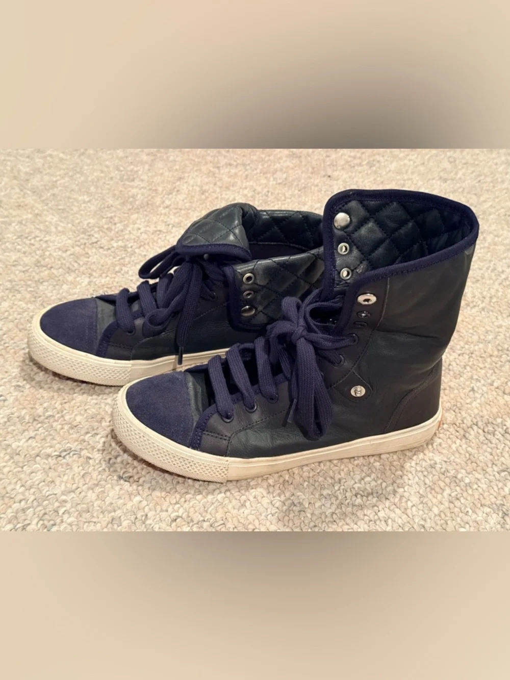 Tory Burch Quilted Navy High-Top Leather Sneakers